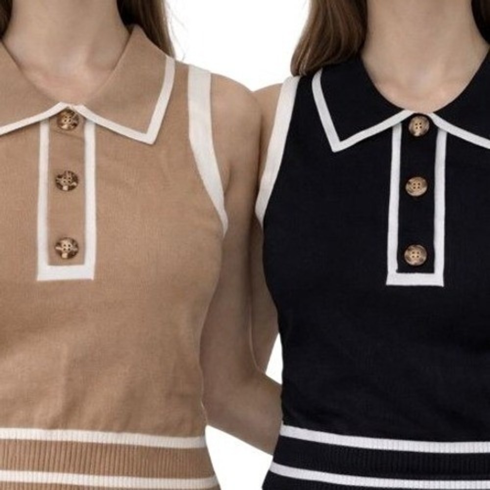 Lot of 2 Womens Sleeveless Knit Polo Sweater Set Small Black Tan Old Money Luxe